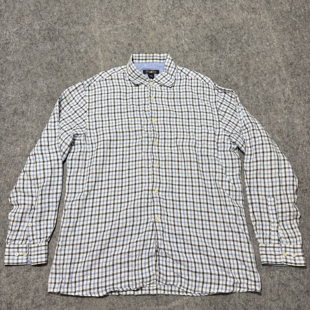 Pronto Uomo XXL Linen Shirt Mens Long Sleeve Blue White Plaid Casual Button Down